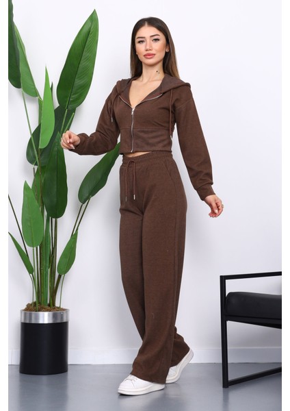 Kahverengi Kapşonlu Hırka Pantolonlu Selanik Takım
