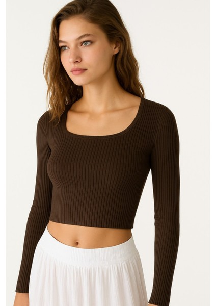 U Yaka Fitilli Triko Crop Kazak