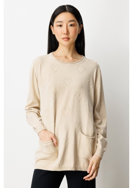 Kadın Kabartma Desenli Cepli Triko Kazak 65344 Bej