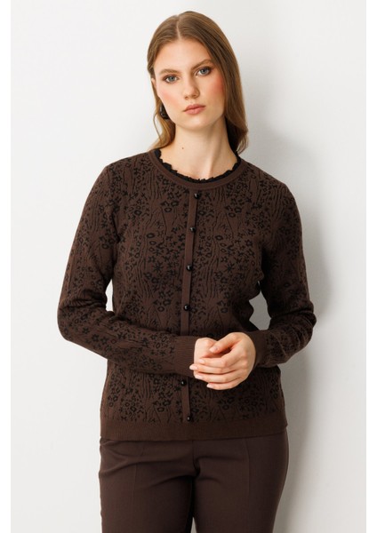 Kadın Fırfır Detaylı Triko Kazak 65368 Kahverengi