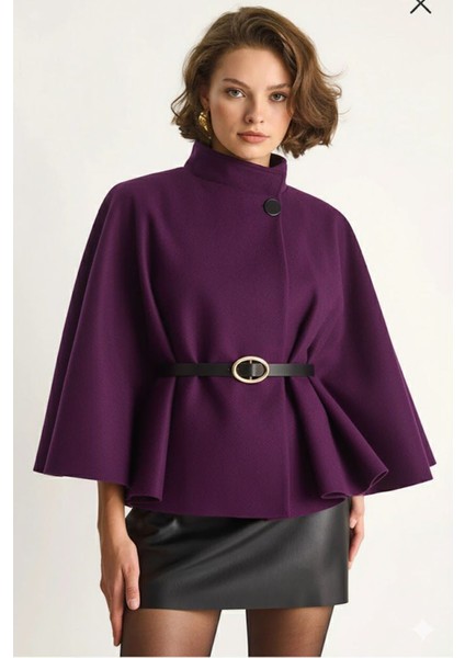 Kadın Kemerli Kaşe Panço- Mor