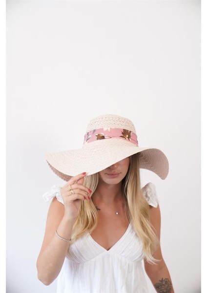 Kadın Lna Pudara Çiçek Detaylı Hasır Şapka