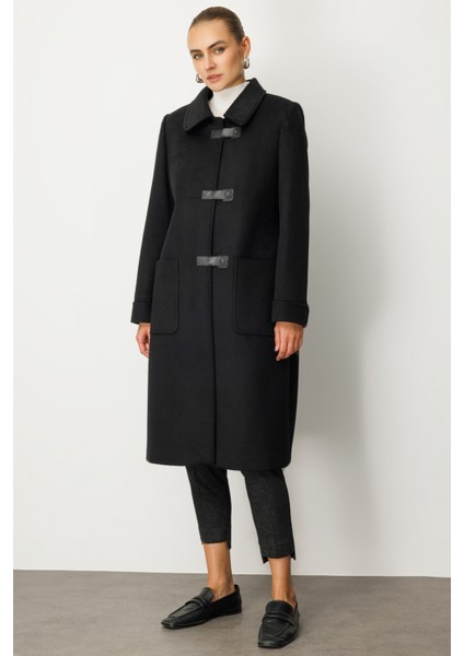 Kadın Deri Çıtçıtlı Torba Cepli Kaban 6075 Siyah