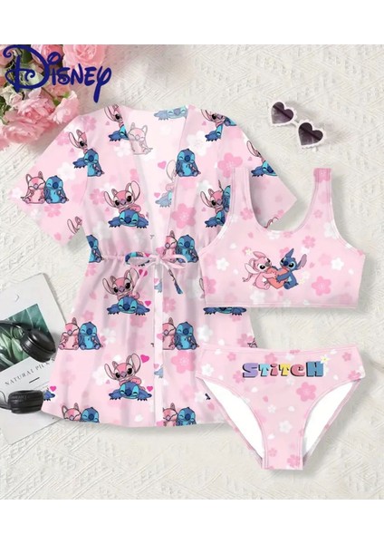 Kız Çocuk Stitch Üç Parça Mayo Bikini Takımı Pareolu Yazlık Tatil Plaj