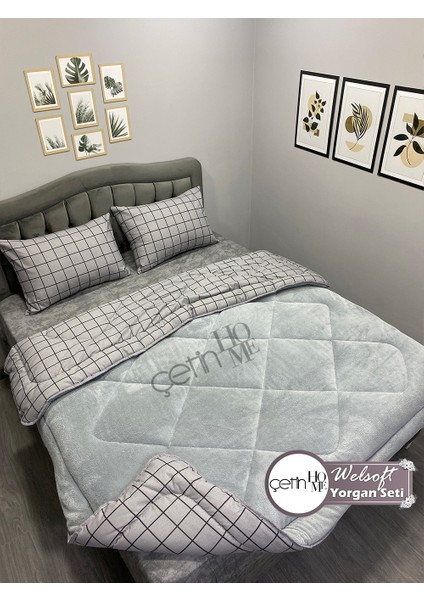 Çetinhome Çift Kişilik Desenli Welsoft Yorgan Seti Kare Füme (Çarşafsız)