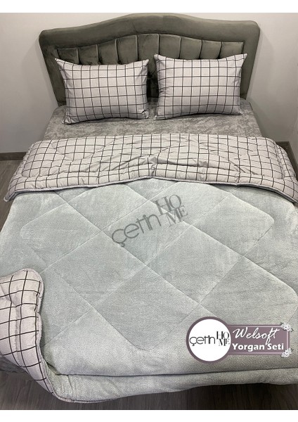 Çetinhome Çift Kişilik Desenli Welsoft Yorgan Seti Kare Füme (Çarşafsız) fiyatları