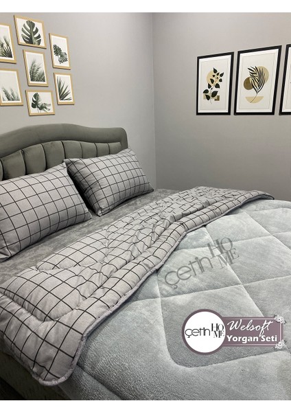 Çetinhome Çift Kişilik Desenli Welsoft Yorgan Seti Kare Füme (Çarşafsız) modelleri