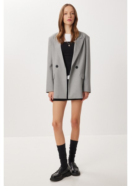 Oversize Vatkalı Çizgili Dokuma Ceket LWF0049 Gri