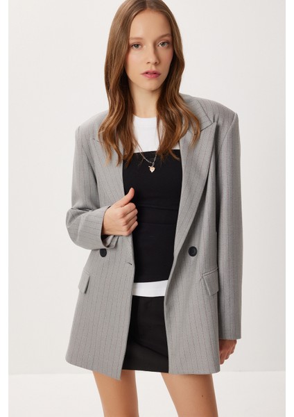Oversize Vatkalı Çizgili Dokuma Ceket LWF0049 Gri modelleri