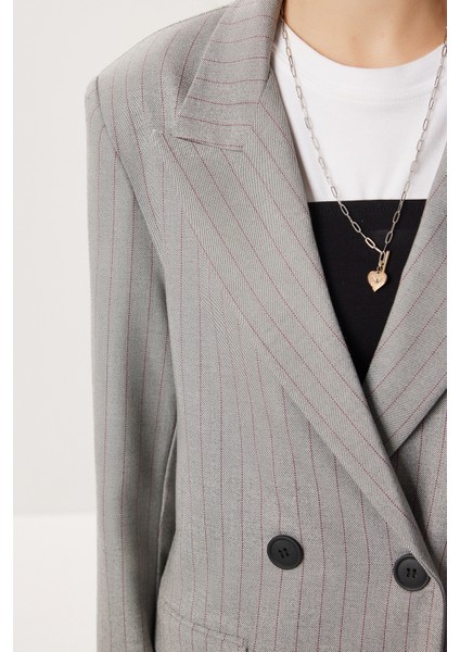 Oversize Vatkalı Çizgili Dokuma Ceket LWF0049 Gri fırsatları