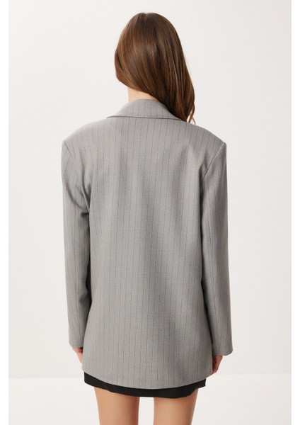 Oversize Vatkalı Çizgili Dokuma Ceket LWF0049 Gri indirimleri