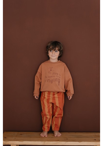 Barrel Kesim Kiremit Turuncu Çizgili Lastikli Çocuk Pantolon