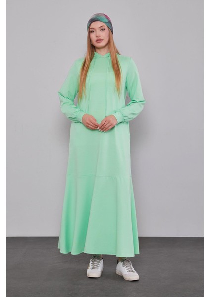 Mint Yeşili Kapuşonlu Gizli Cep Detaylı Elbise