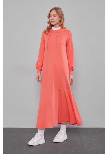 Coral Kapuşonlu Gizli Cep Detaylı Elbise