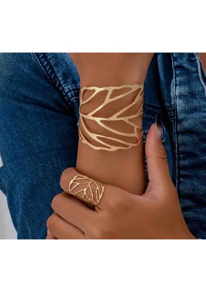 Çelik Yaprak Desenli 2’li Takı Seti Yüzük & Bileklik
