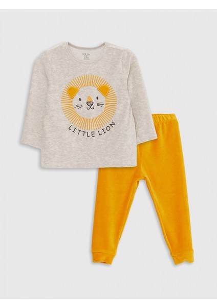 Lcw Baby Ekru Bisiklet Yaka Baskılı Kadife Erkek Bebek Pijama Takımı