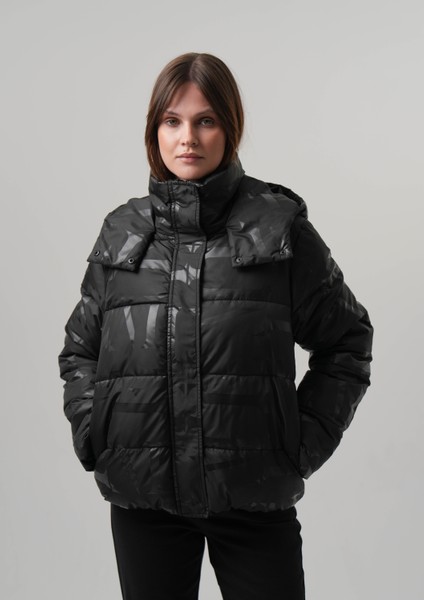 Eva Kadın Mont Kapüşonlu Baskılı Kadın Mont Eldiven Hediyeli