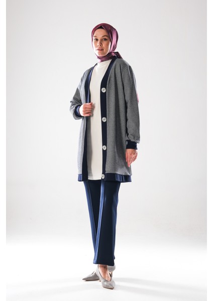 2294_KADIN Büyük Düğme Detaylı, Tesettür Tunik Boy Hırka- Dört Mevsim, Diyagonel, Ottoman, Lacivert