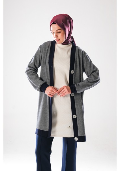 2294_KADIN Büyük Düğme Detaylı, Tesettür Tunik Boy Hırka- Dört Mevsim, Diyagonel, Ottoman, Lacivert fiyatları