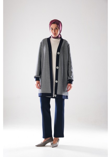 2294_KADIN Büyük Düğme Detaylı, Tesettür Tunik Boy Hırka- Dört Mevsim, Diyagonel, Ottoman, Lacivert fırsatları