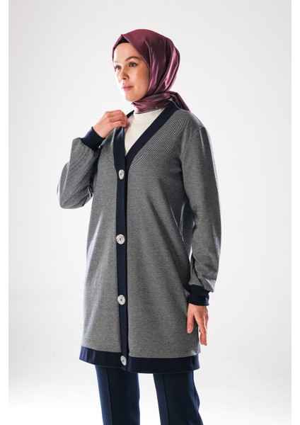 2294_KADIN Büyük Düğme Detaylı, Tesettür Tunik Boy Hırka- Dört Mevsim, Diyagonel, Ottoman, Lacivert
