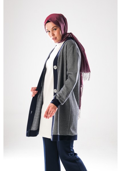 2294_KADIN Büyük Düğme Detaylı, Tesettür Tunik Boy Hırka- Dört Mevsim, Diyagonel, Ottoman, Lacivert