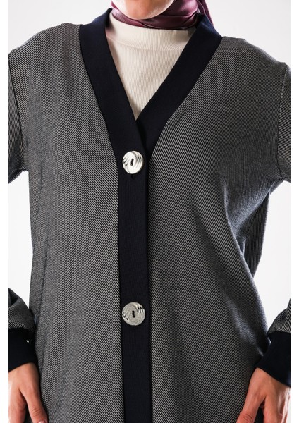 2294_KADIN Büyük Düğme Detaylı, Tesettür Tunik Boy Hırka- Dört Mevsim, Diyagonel, Ottoman, Lacivert