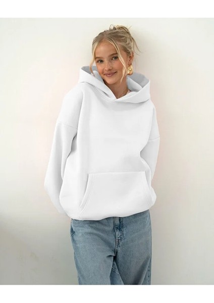 Kadın Rahat Oversize 3 Iplik Pamuklu Şardonlu Kanguru Cep Kapşonlu Sweatshirt
