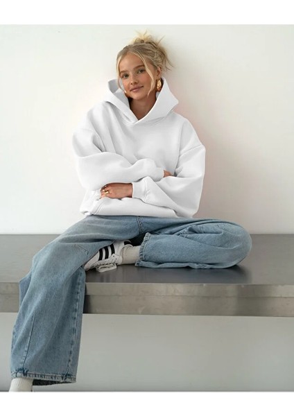 Kadın Rahat Oversize 3 Iplik Pamuklu Şardonlu Kanguru Cep Kapşonlu Sweatshirt fiyatları