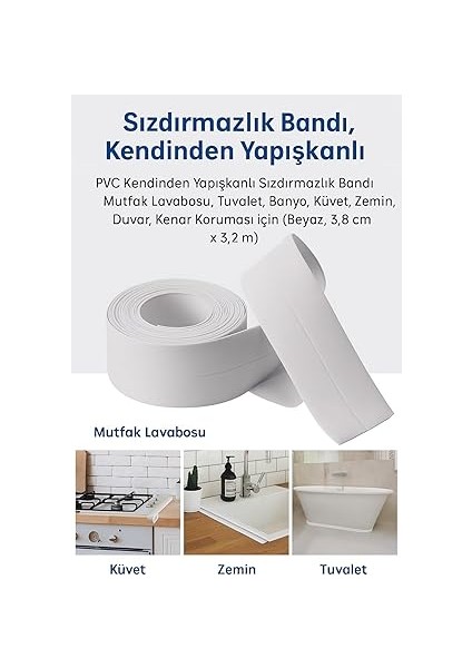 Yapışkanlı Sızdırmazlık Bandı – Beyaz Pvc, Su Geçirmez, 3,8 cm x 3,2 M, Mutfak, Banyo, Küvet, Lavabo, Zemin ve Duvar Kenarı Için fiyatları