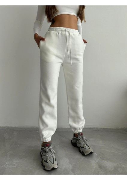 3 Iplik Şardonlu Paça Lastikli Eşofman Beyaz IS001