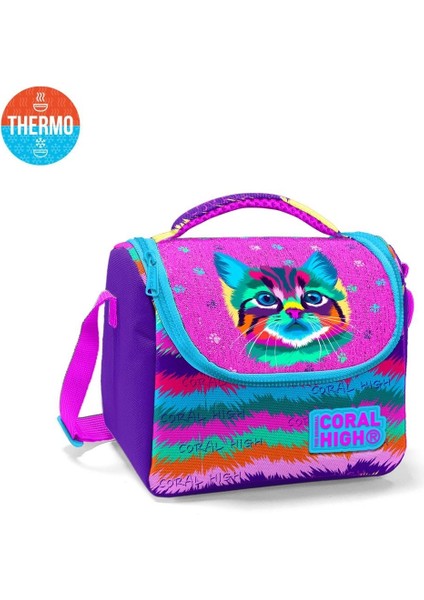 Kids Mor Pembe Kedi Desenli Thermo Beslenme Çantası Ilköğretim Beslenme Çantası