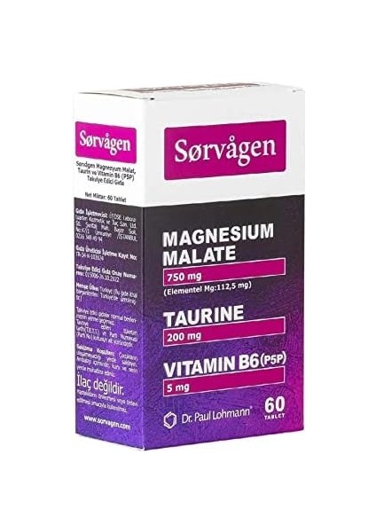 Sorvagen Magnezyum Malat, Taurin ve Vtiamin B6, 60 Tablet fiyatları