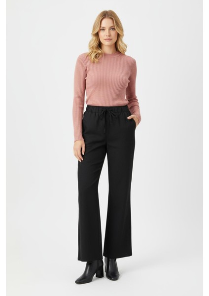 3457 Bel Lastikli Ispanyol Paça Pantolon Siyah