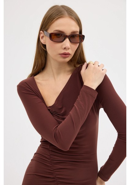 Kahverengi Asimetrik V Yaka Önü Büzgülü Elbise Gündüz Gece Şıklığı 25L8147 indirimleri