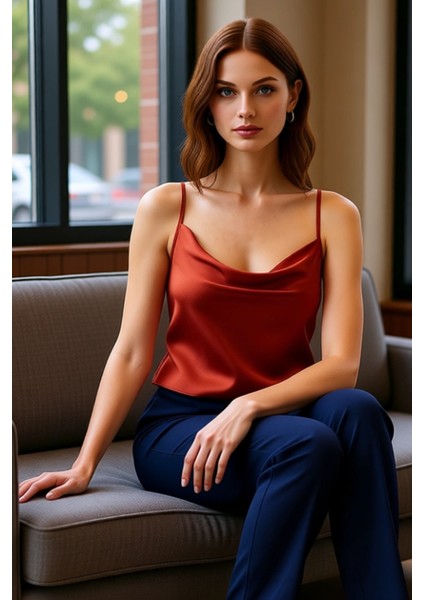 Moda Degaje Yaka Dokuma Regular Düz Desen Casual Günlük Regular Askılı Kol Bluz