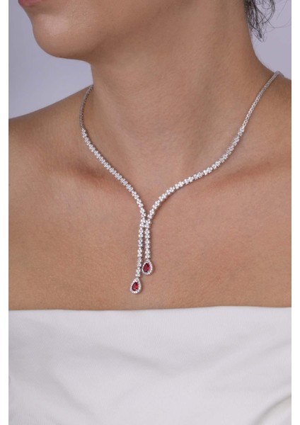 Yakut Taşlı Damla Motifli Rodyum Kaplama Gümüş Kolye fiyatları