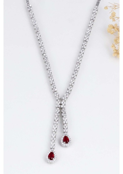 Yakut Taşlı Damla Motifli Rodyum Kaplama Gümüş Kolye fırsatları