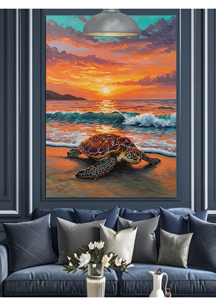 Gün Batımında Kaplumbağa Denize Doğru Yürüyor Dekoratif Kanvas - Mdf Ahşap Tablo