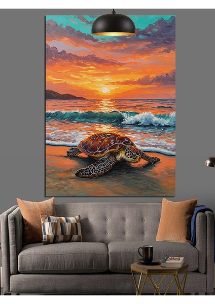 Gün Batımında Kaplumbağa Denize Doğru Yürüyor Dekoratif Kanvas - Mdf Ahşap Tablo fiyatları