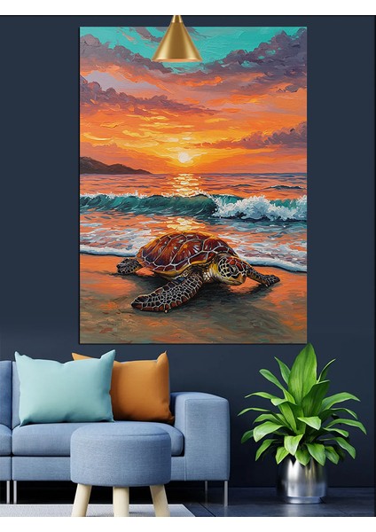 Gün Batımında Kaplumbağa Denize Doğru Yürüyor Dekoratif Kanvas - Mdf Ahşap Tablo modelleri
