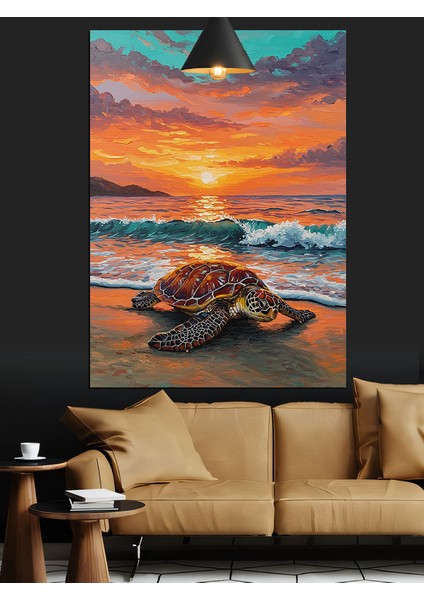 Gün Batımında Kaplumbağa Denize Doğru Yürüyor Dekoratif Kanvas - Mdf Ahşap Tablo fırsatları