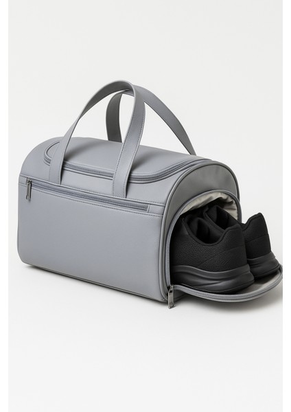 Gri Suni Deri Yan Ayakkabı Bölmeli Unisex Geniş Hacimli Seyahat Spor Fitness Spor Çantası - 00124