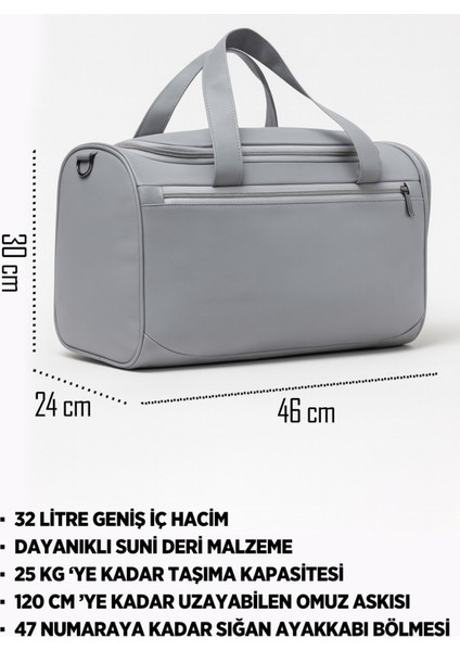 Gri Suni Deri Yan Ayakkabı Bölmeli Unisex Geniş Hacimli Seyahat Spor Fitness Spor Çantası - 00124 fırsatları