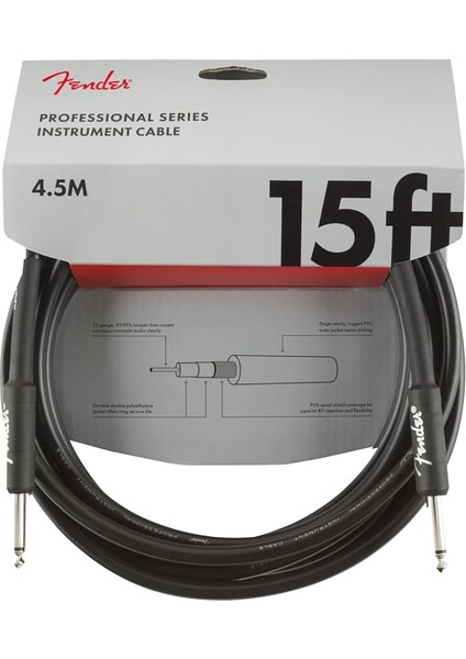 Professional Series Gitar Enstrüman Kablosu, 4,5 M, Düz/düz, Siyah