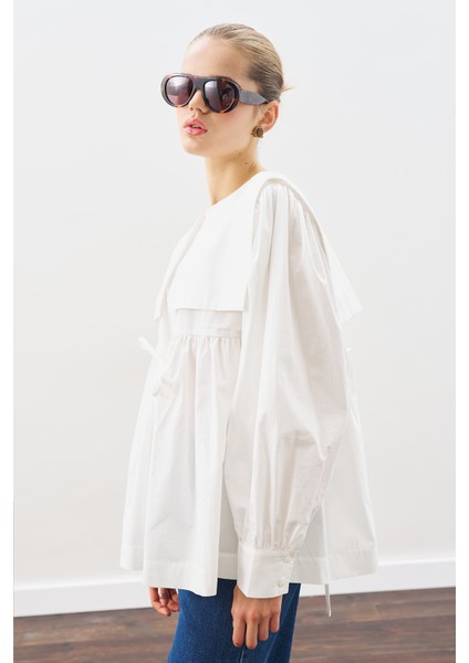 Geniş Yakalı Kuşaklı Gömlek Ekru fiyatları
