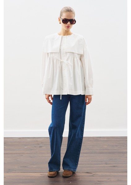 Geniş Yakalı Kuşaklı Gömlek Ekru modelleri