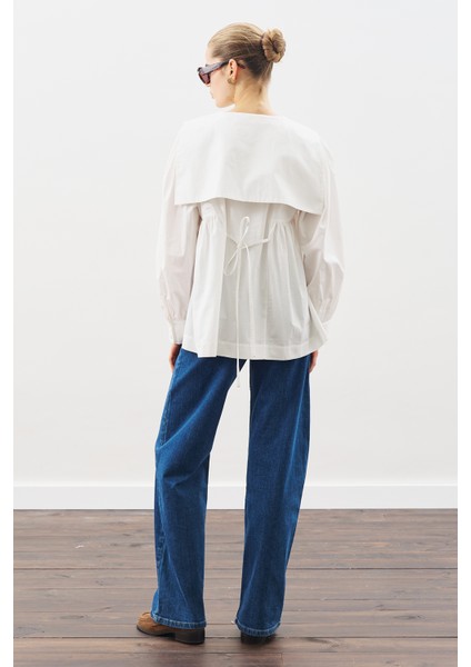 Geniş Yakalı Kuşaklı Gömlek Ekru