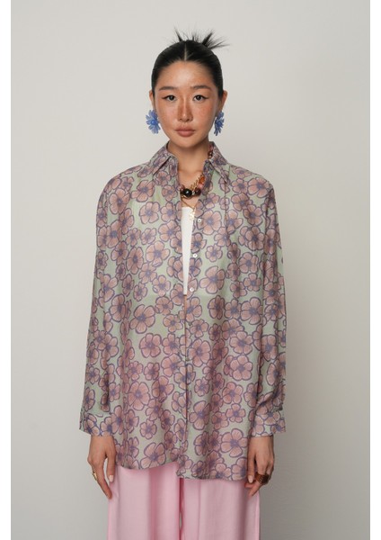 Kadın Çiçek Desenli Oversize Kesim Gömlek