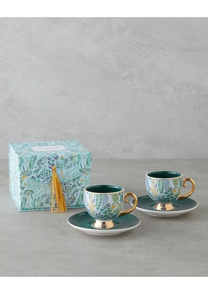 Leafora New Bone China 4 Parça 2 Kişilik Kahve Fincan Takımı 100 ml Yeşil-Mavi